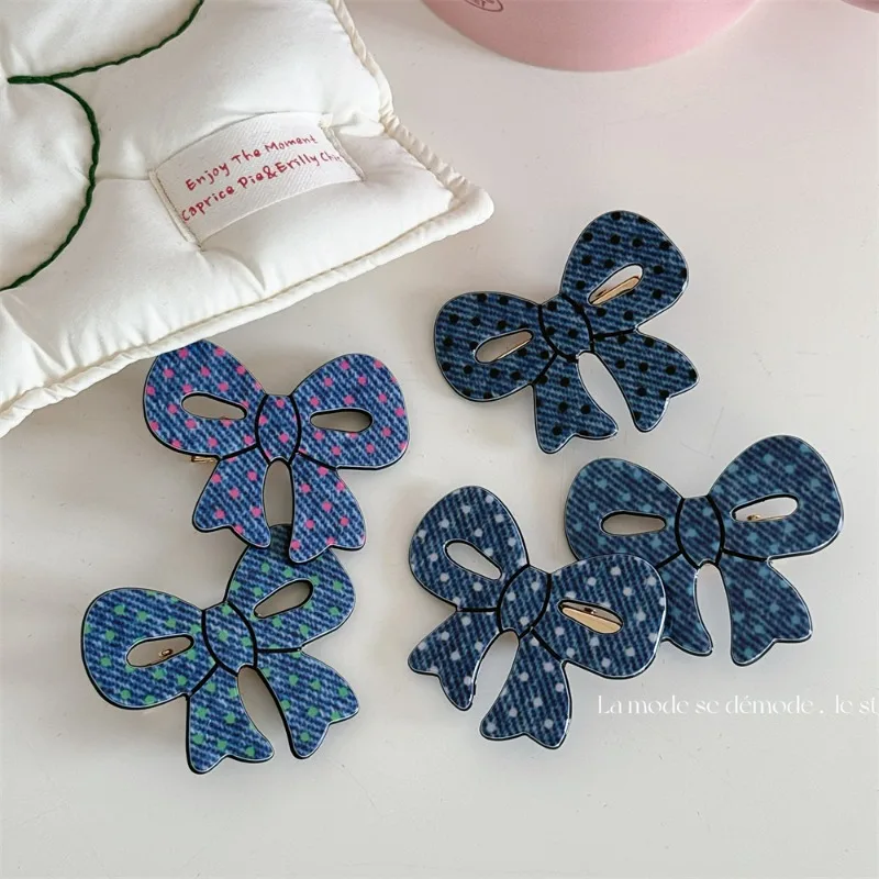 Denim Twill Acrylic Polka Dot Bow Hair Clip Hairpin Women's Side Clip Sweet Duckbilled Hair Accessories New