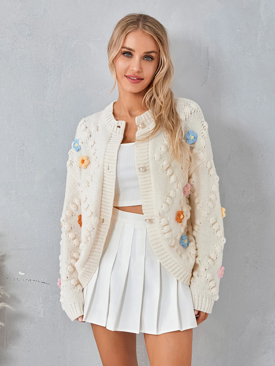 Women Fashion Handmade Crochet Cardigan 3D Flower Embroidery Long Sleeve Sweater Button-Down Fall Casual Soft Knit Coat Tops