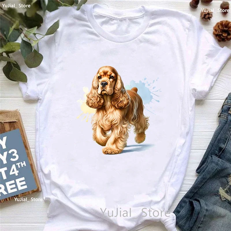 

New Watercolor Cocker Spaniel Animal Printed TShirt Girls Summer Short Sleeve Tshirt Women Harajuku Shirt Fashion T-Shirt Female