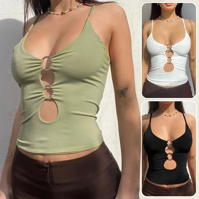 

DAILOU Summer Women Y2K Crop Top Low-cut O Ring Keyhole Cami Vest Spaghetti Straps Tops Fashion Club Party Wear Tank Tops