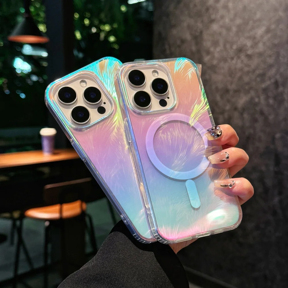 Cubierta protectora magnética con gradiente de plumas de color. Para Apple iPhone 16 Pro Max 16pro, 16, 15, 14, 13, funda para teléfono serie 12pro 11