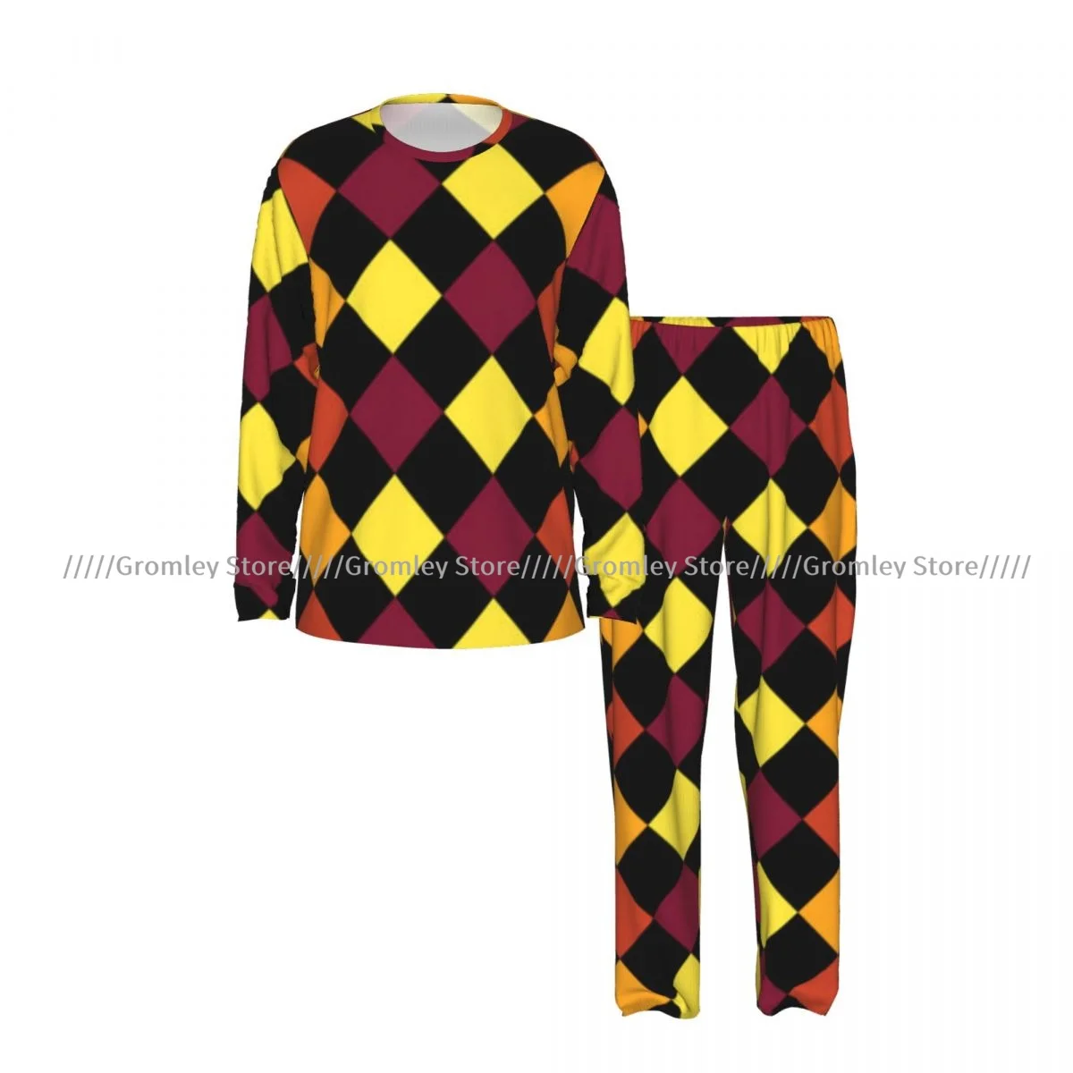 Men's Long Sleeve Long Pants Pajama Set Colorful Rhombuses Pattern Casual Loungewear and Sleepwear for Home