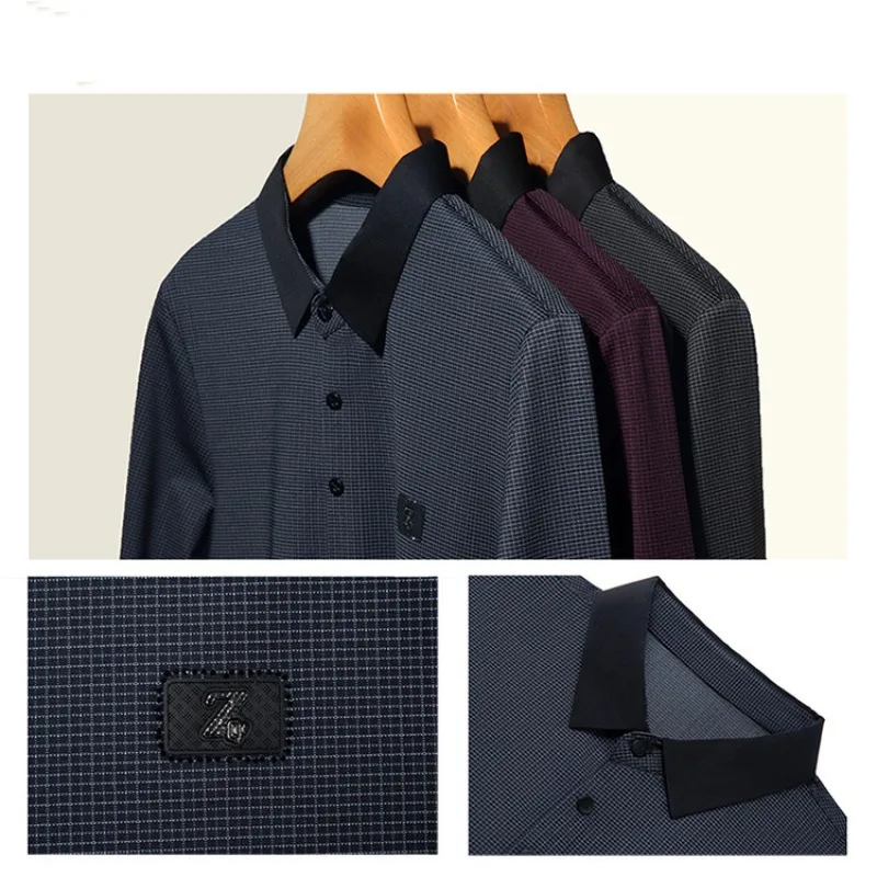 Spring and Autumn Men's Polo Collar Pullover Button Solid Plaid Stripe Long Sleeve T-shirt Fashion Casual Holiday Underlay Tops