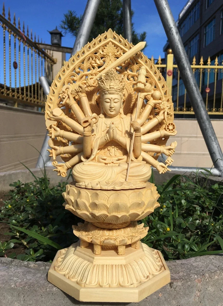 Zhunti Bodhisattva Buddha Mother Statue Wood Carving Sitting Lotus Screen Eighteen Arms Thousand Hands Avalokitesvara Hinoki