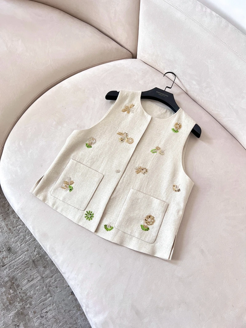 

Retro High-ade Linen EmbroideredHeavy Du round Ne Single Button Svel Retro Faion Vest Jaet Commute Sle