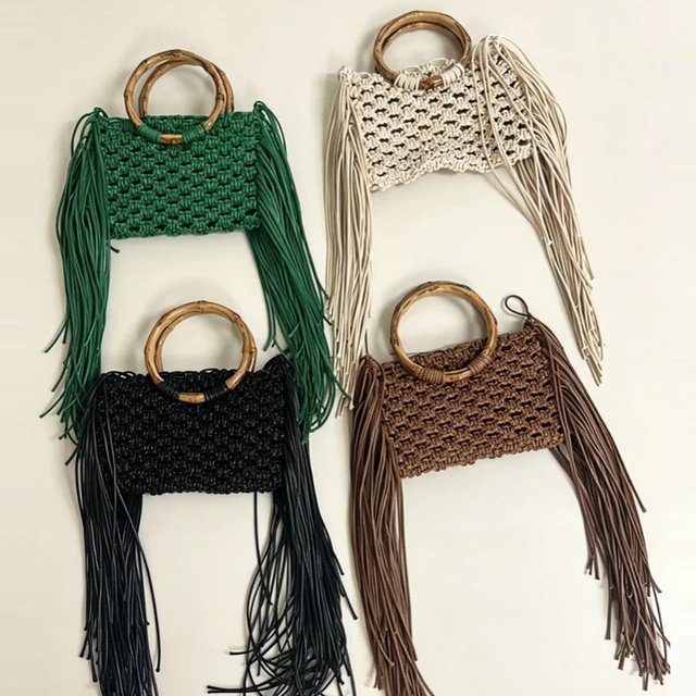 Bolso de Mujer Bohemio con Borlas y Ganchillo, Bolsos y Carteras con Asa de Bambú, Bolsos de Playa Tejidos Calados para Mujer, Clutch de Cuerda Tejida NUEVO
