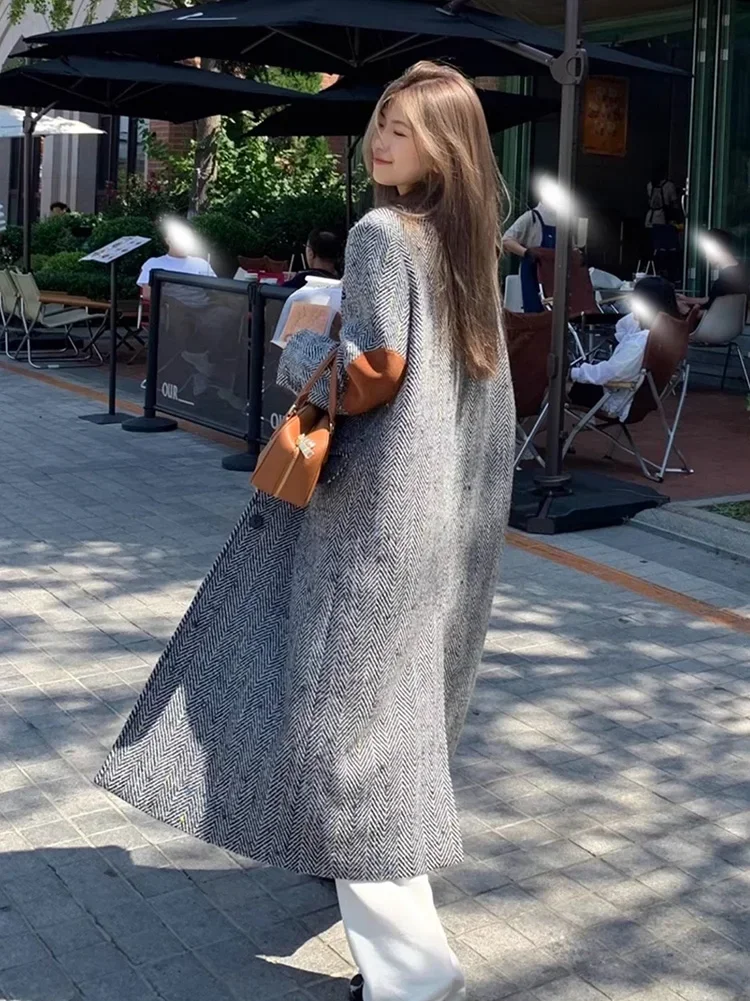 New Woolen overcoat Elegant Herringbone Thick 2024 Autumn Winter Lady Outwear Female Fashion Retro Coats For Women 한국인 리뷰 많은 옷