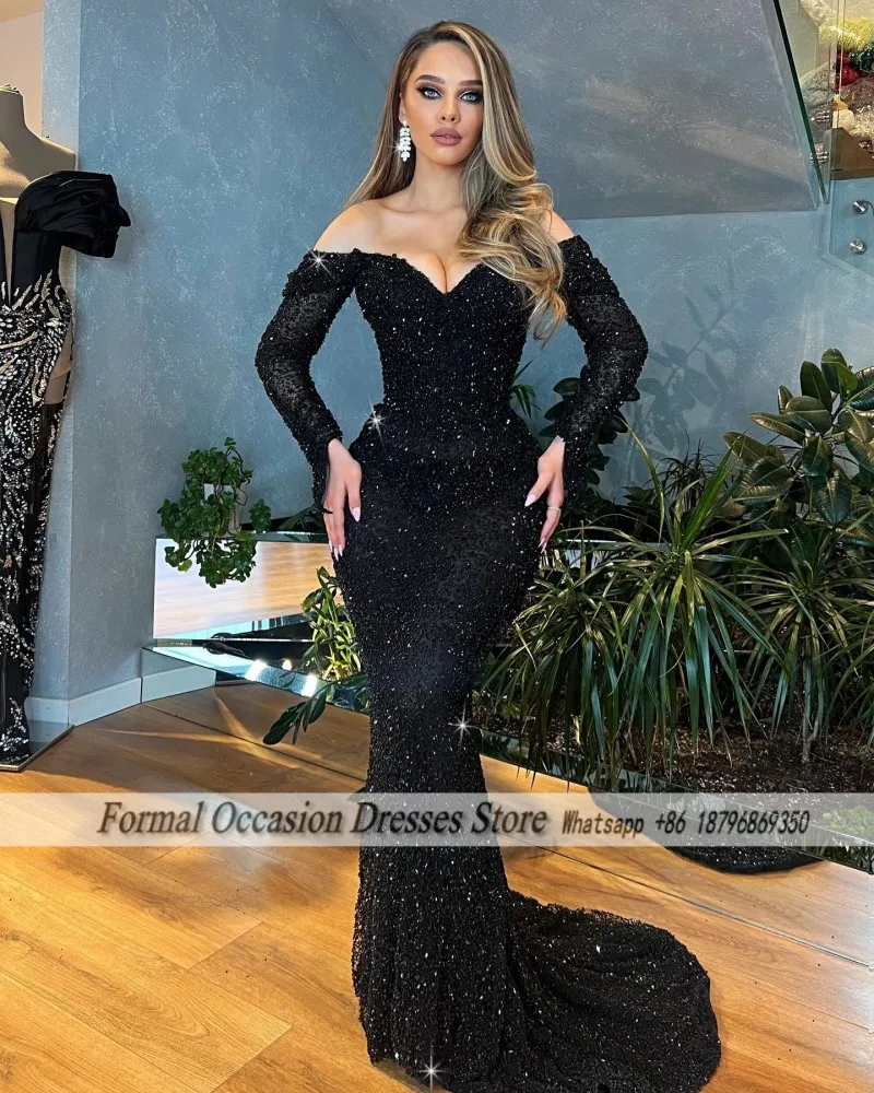 فساتين سهرة رسمية فاخرة 2025 رقبة V وأكمام طويلة فساتين حفلات سوداء ترتر مطرز بالخرز فستان حفلات الزفاف vestidos Customizde