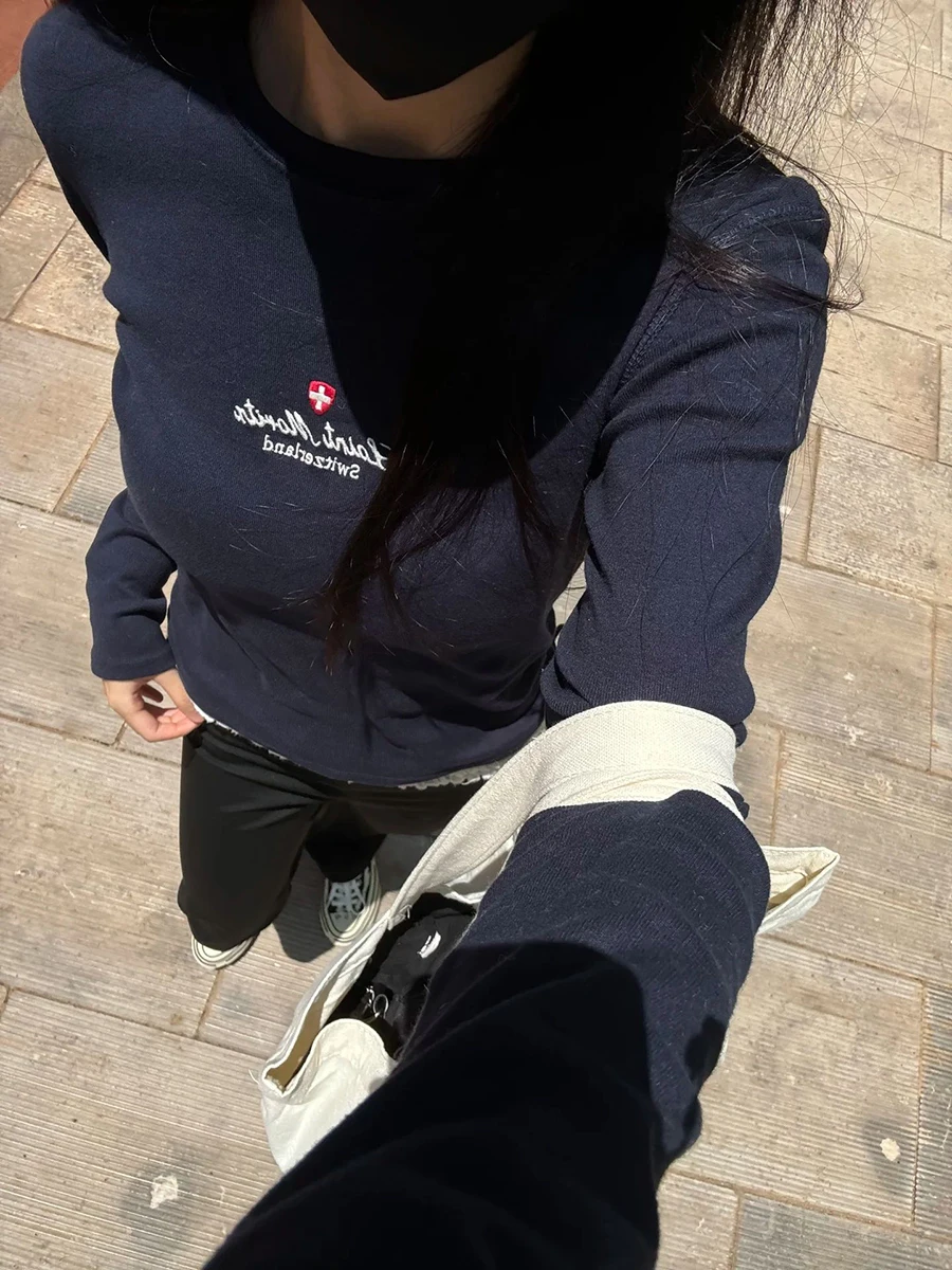 

Letter Embroidery Slim Long Sleeve T-shirt Woman Autumn Round Neck Cotton Tees American Vintage Navy Streetwear Tshirt Y2k Top
