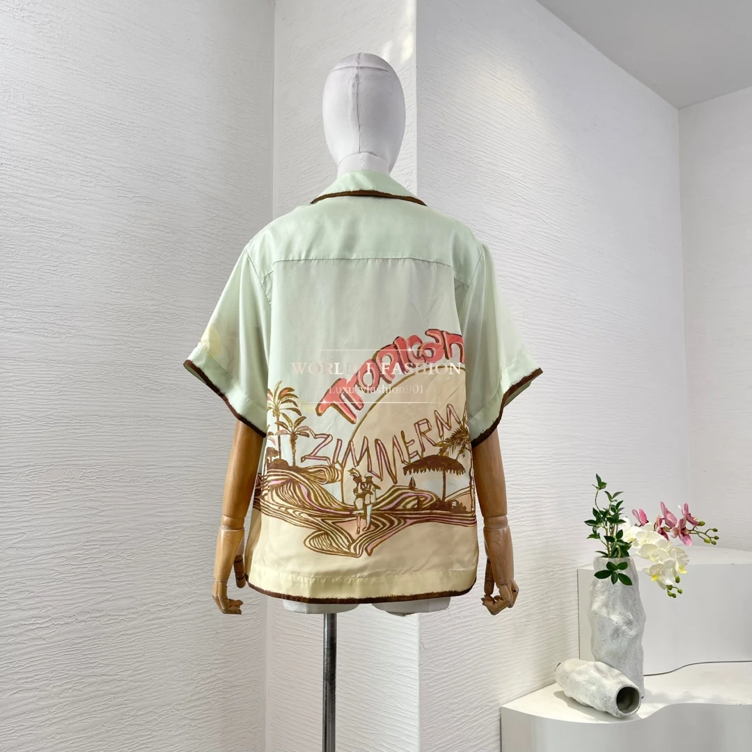 

Pure Silk 2025 Latest New High Quality Mint Green Short Sleeve Coconut Tree Floral Print Women Blouse Tops and Shorts Set