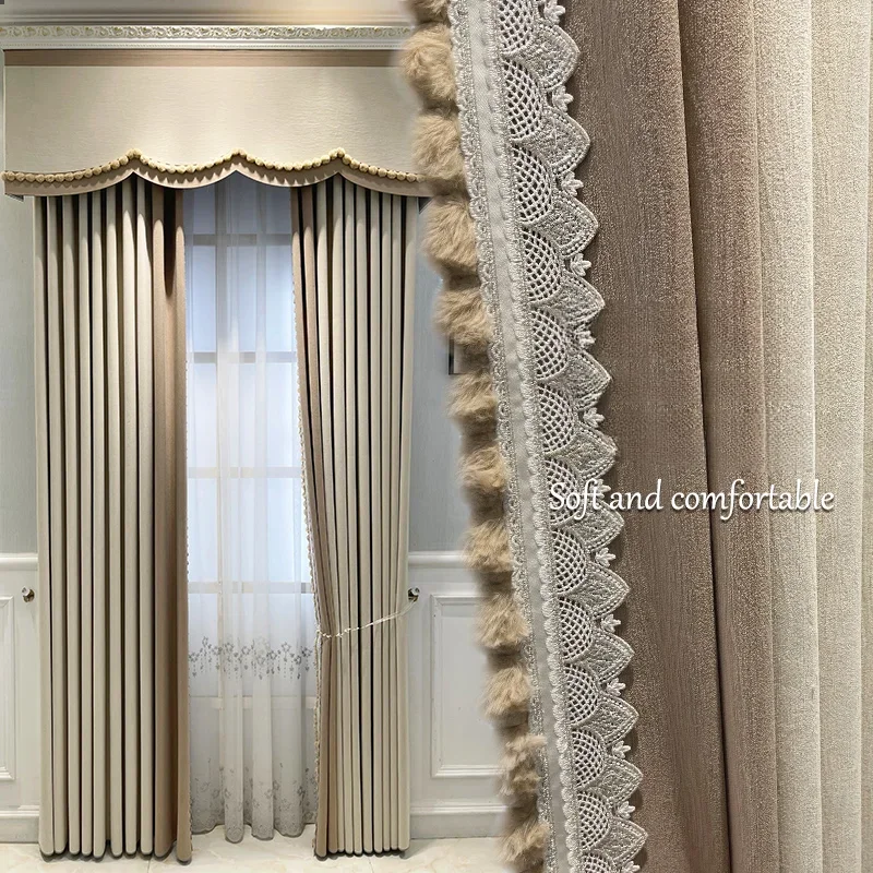 Japanese Style Curtains for Living Room Light Luxury French Style Curtain Bedroom Cream Thickened Chenille Blackout Curtain