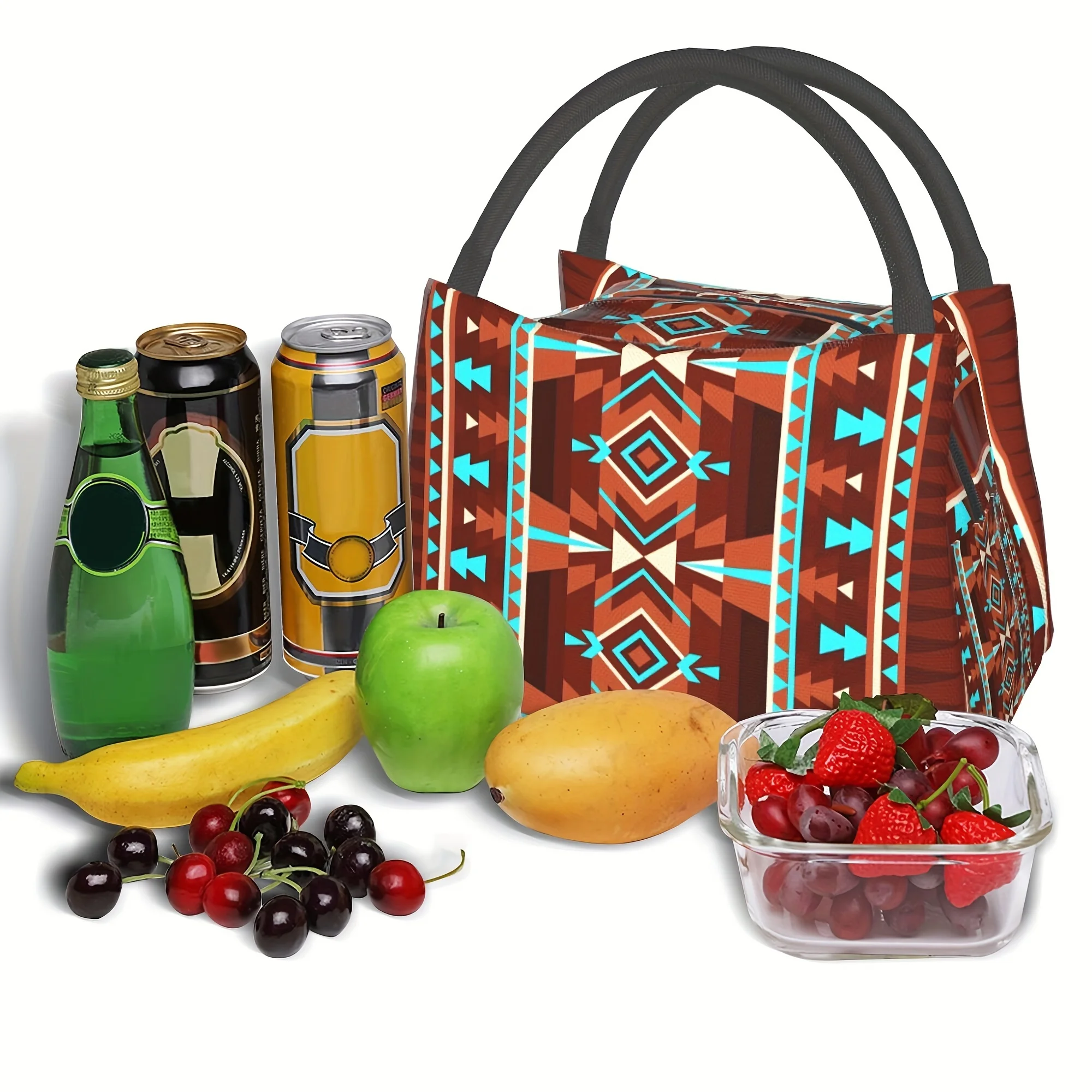 1pc Reusable Brown Geometric Pattern Cooler Bag, Insulated Lunch Bag, Suitable for Camping, Picnic, Beach