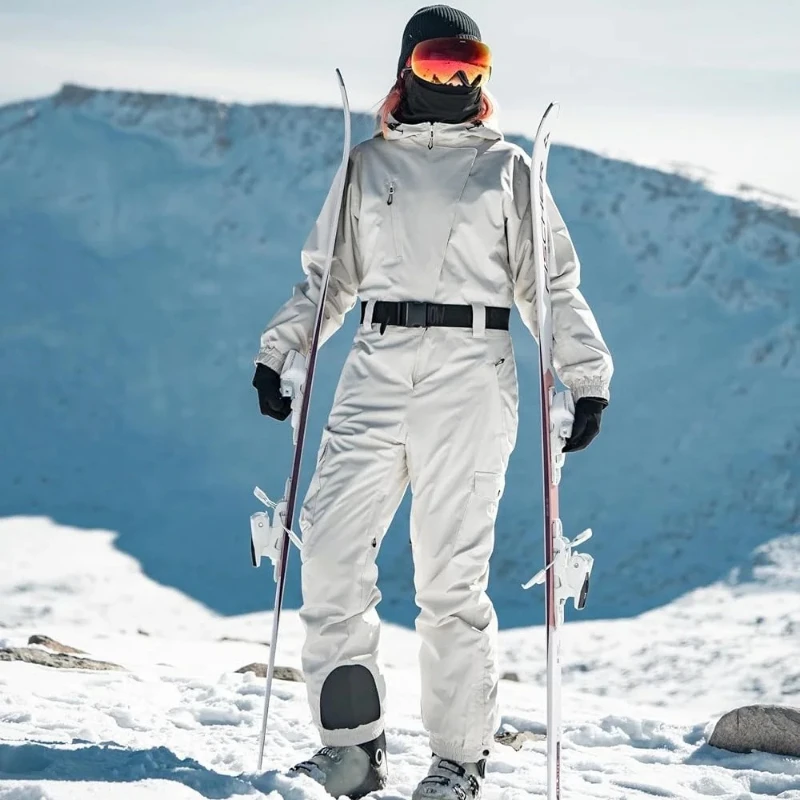 2026 Women One Piece Ski Suits Solid Winter Insulated Jumpsuits Waterproof Snowboarding Outfits Belt Clothing Outdoor Hooded