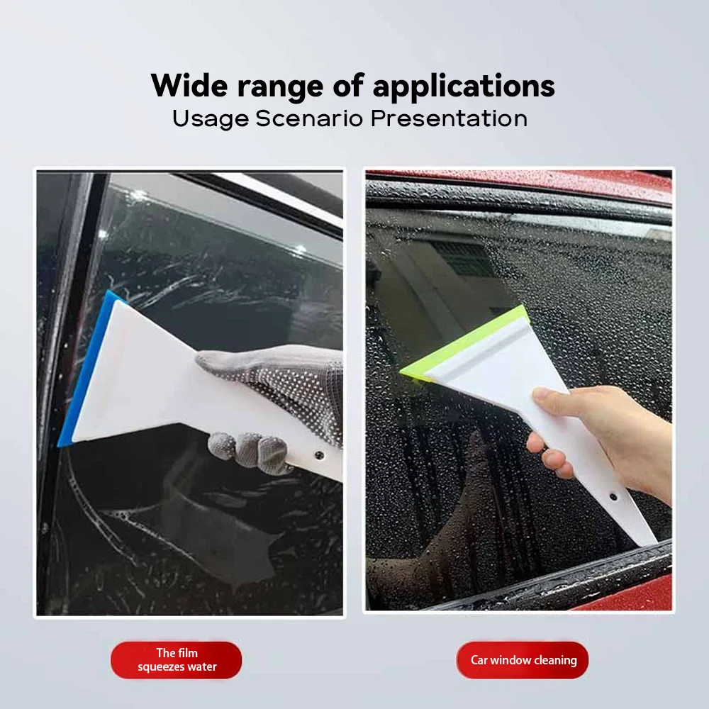 Window film tools A triangular rubber scraper for applying the film and a tool for cleaning the vehicle windows draining water