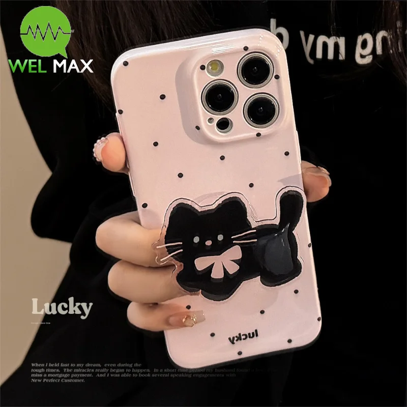 Cute Cartoon Cat Wavelet Dots phone case For iPhone 15 14 13 12 11 Pro Max XR XSmax 7 8p ShockProof Soft shell Black Cat Bracket