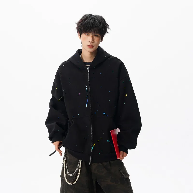 

Men's Color-blocking Graffiti Design Zipper Sweatshirt Black Hooded Cardigan Sports Cycling Jacket for Couples Spring and Autumn