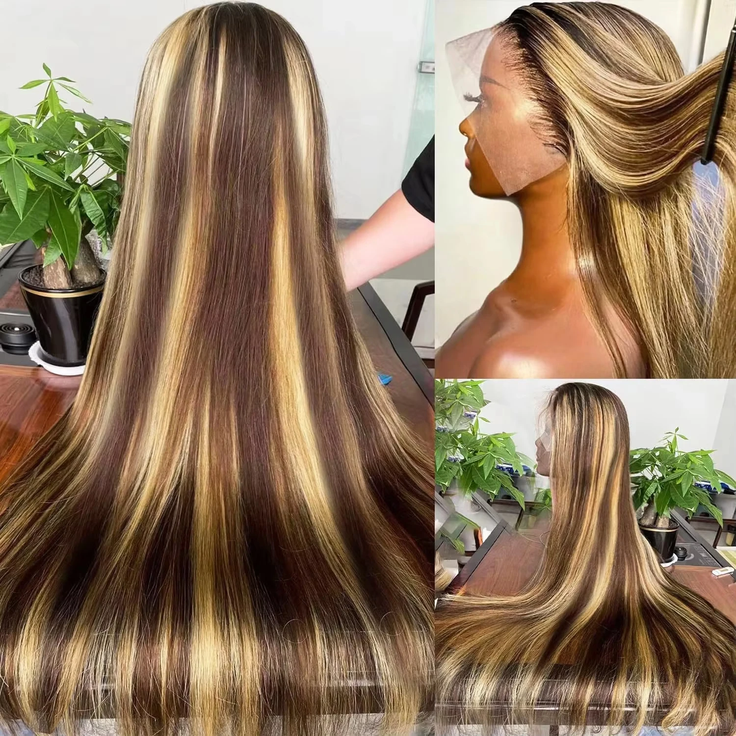 스트레이트 인모 가발 4/27 하이라이트 38인치 가발 인모 HD 프론탈 13x6 브라질리언 가발 오리지널 200% 밀도