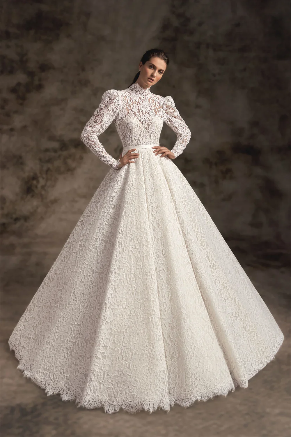 Flavinke Customized Full Lace Ball Gown A Line Wedding Dresses High Neck Long Sleeves Bridal Wedding Dresses vestidos de novia