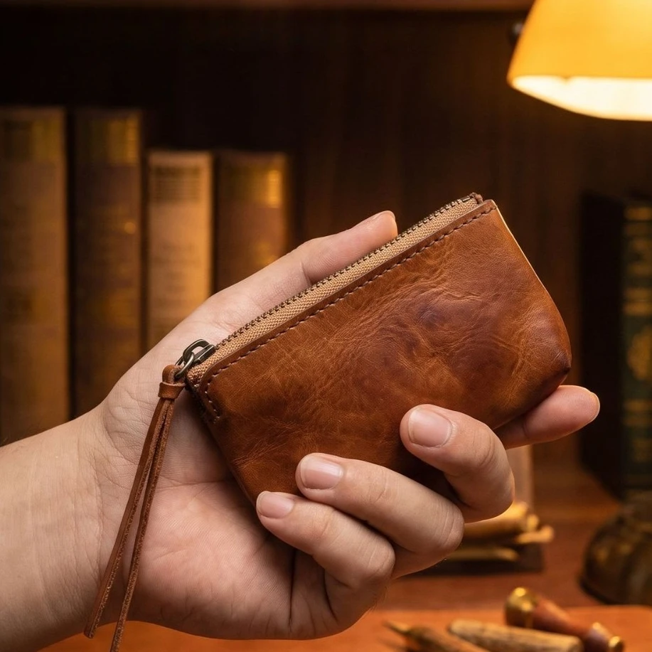 Leather Mini Zipper Coin Purse Wallet,Small Coin Organizer, Vintage Style wrinkled Cowhide Zipper Storage Change Holder for Men