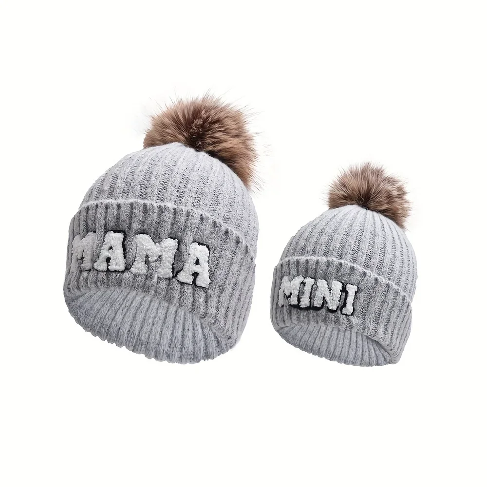 2Pcs Parent & Child Cute Wool Hat - Soft, Thickened, Knitted, Warm, Hairball, Mom & Mini, Christmas Gift, Winter Ski Headwear