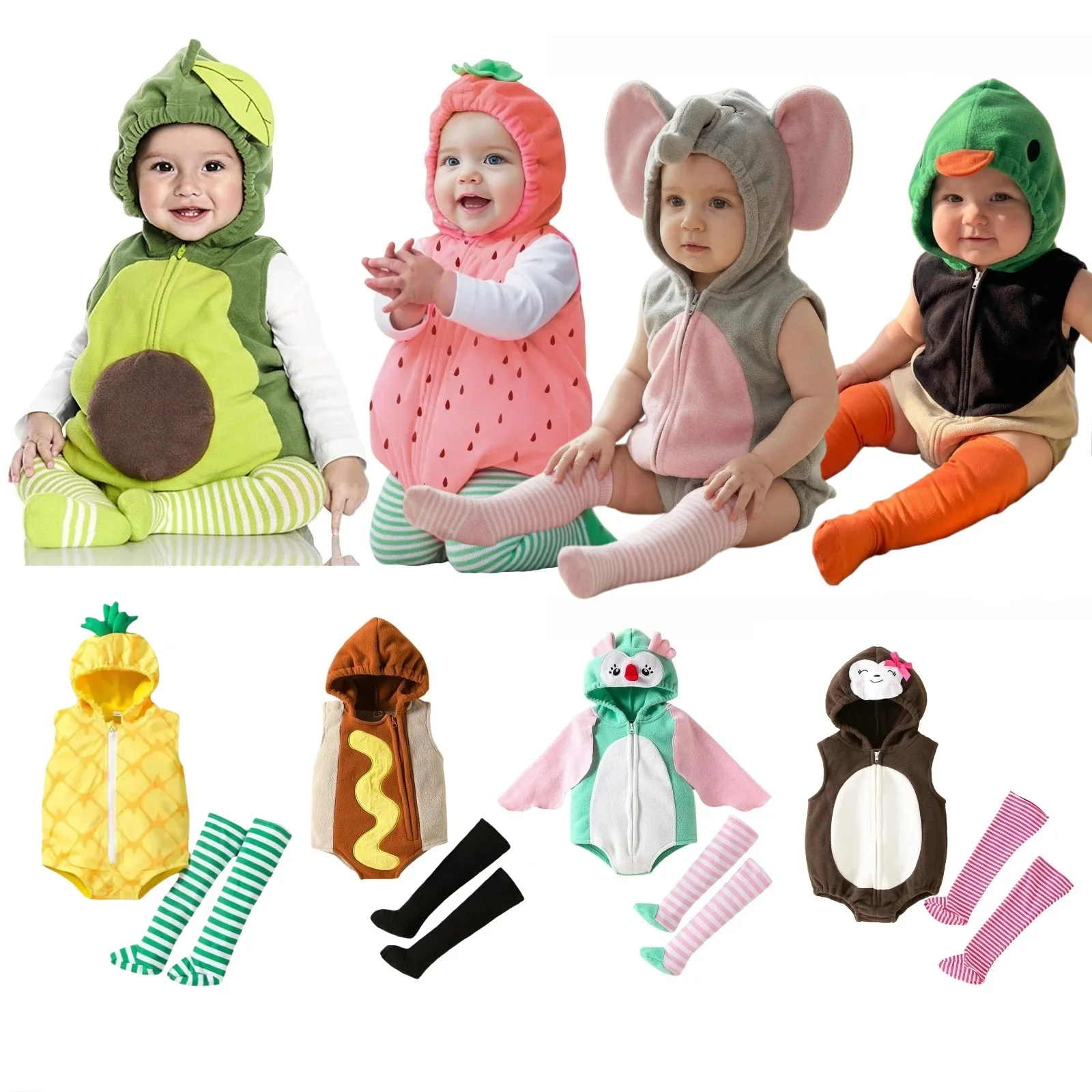 New Designer Cartoon Clothing Zip-up Hooded Romper + Stockings Baby Boy Clothes Baby Girl Casual Sets