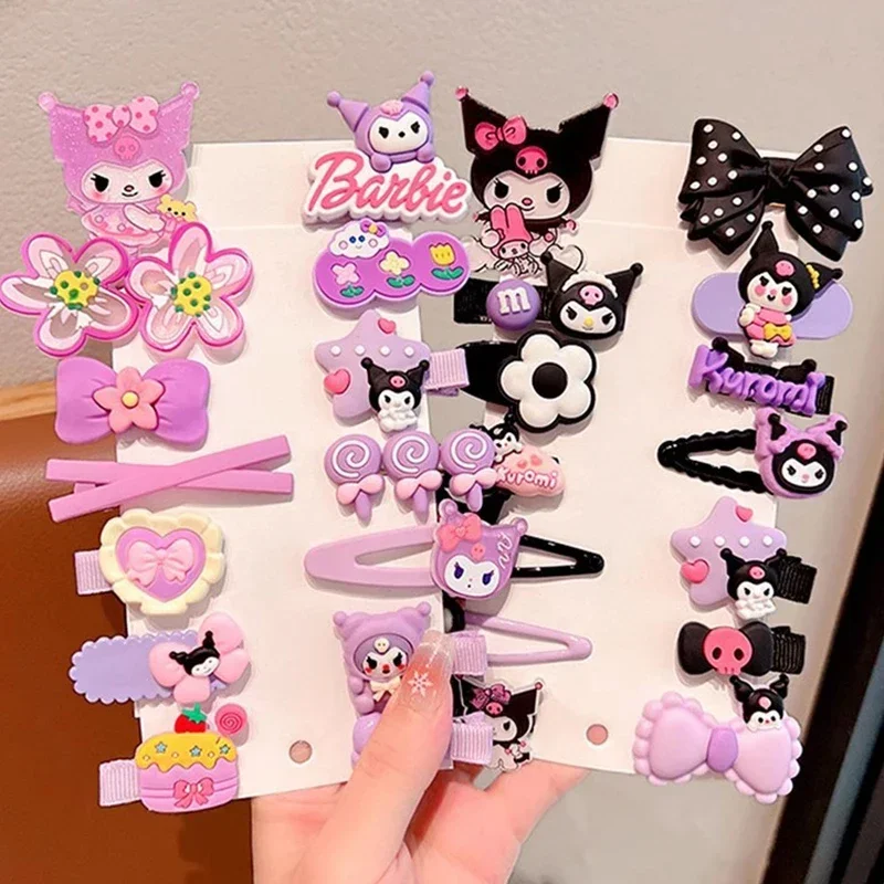 14pcs Sanrio Kuromi 여자를위한 귀여운 헤어 클립 모자를 쓰고 있죠 애니메이션 만화 패션 머리핀 헤어 액세서리 어린이 생일 크리스마스 선물