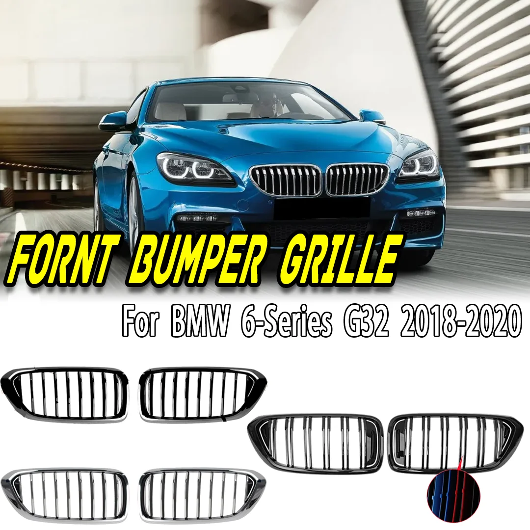 

For BMW 6 Series G32 2017-2020 Carbon Fiber Look Front Grille, Glossy Double Line Racing Kidney Grills for 640i 630i GT Style