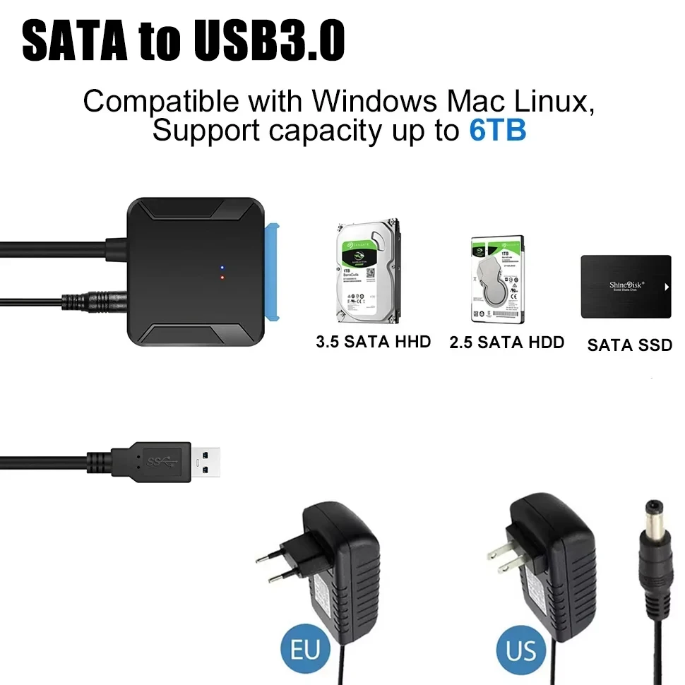 كابل USB3.0 إلى SATA 3.5 HDD محول القرص الصلب SATA III لقرص القرص الصلب SSD HDD مقاس 2.5 بوصة مع محول طاقة 12 فولت/2 أمبير