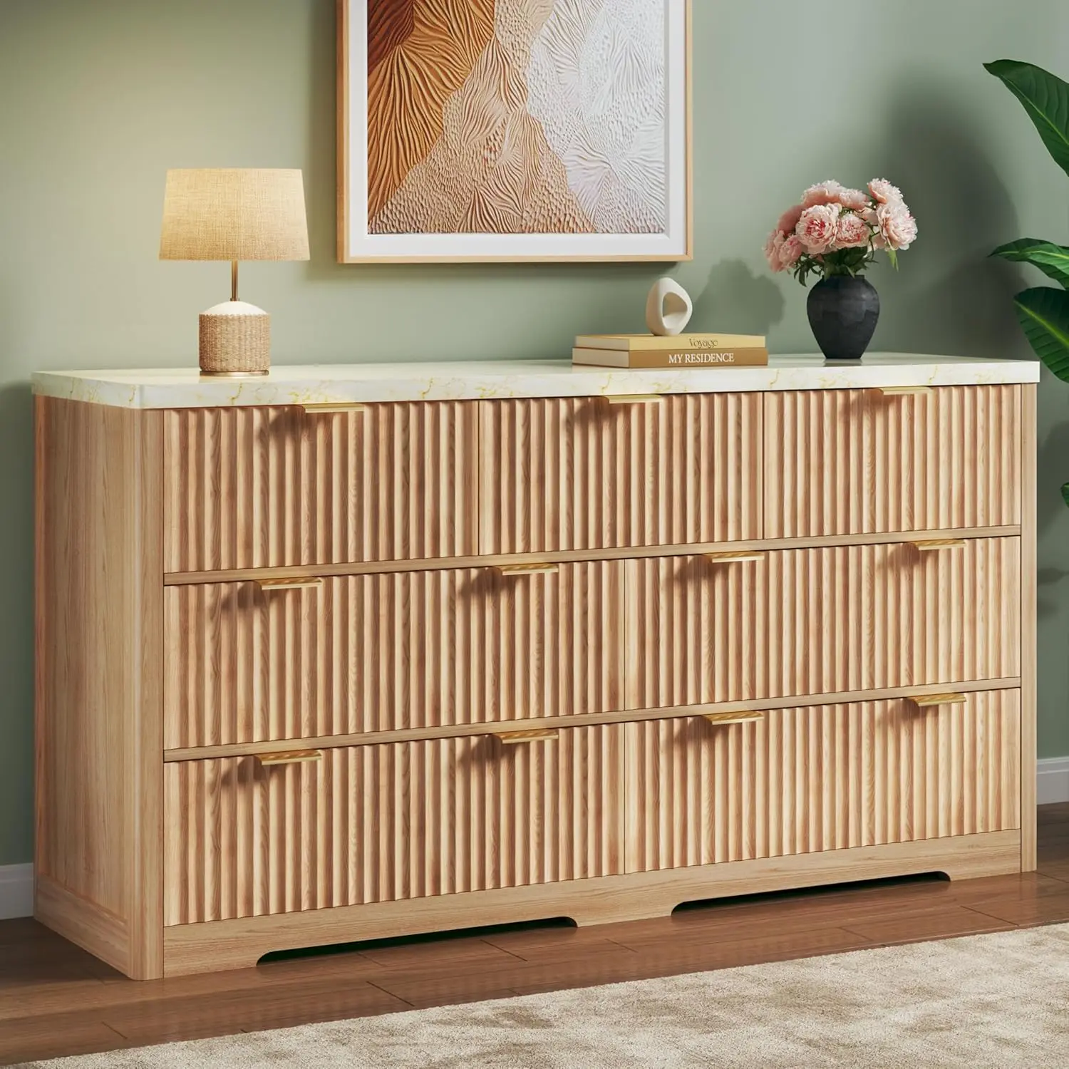Dresser for Bedroom with 7 Drawers, 53'' Modern Dressers with Faux Marble Top, Mid Century Chests of Drawers with Gold Handle &