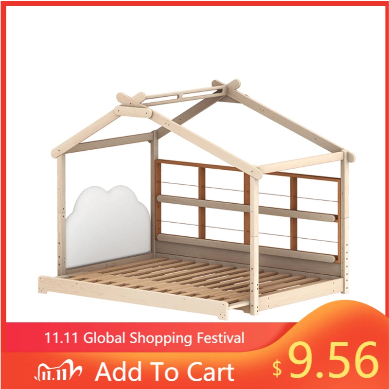 

Customized Solid Wood Retractable Children's Beds Boys Girls Floor House Roof Kid Bed Extension with Slide Guardrails Bookshelf