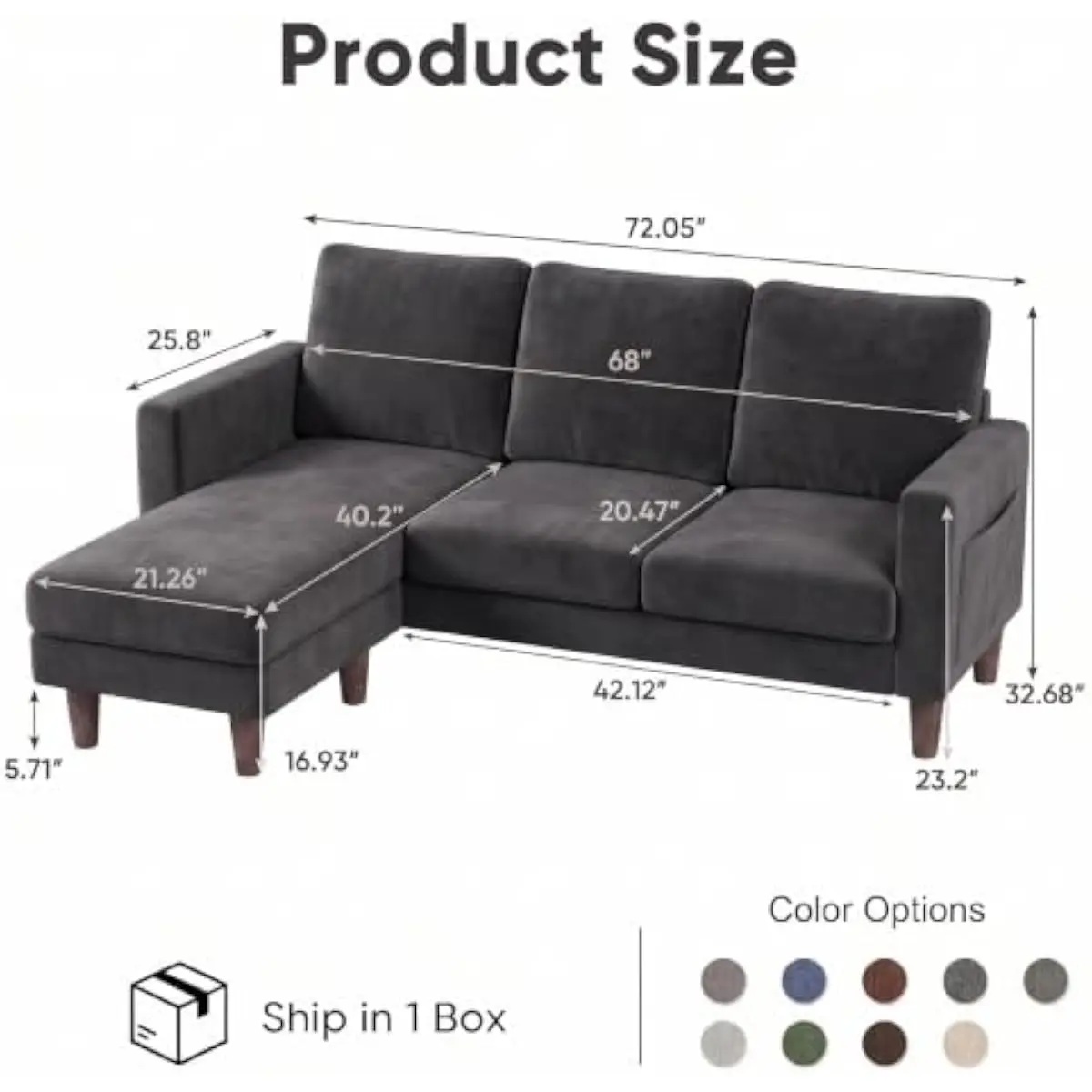 Modular L-Shape Sofa 72 Inch Compact Sectional with Movable Ottoman for Small Apartments Studios Offices Modern Charcoal Gray De