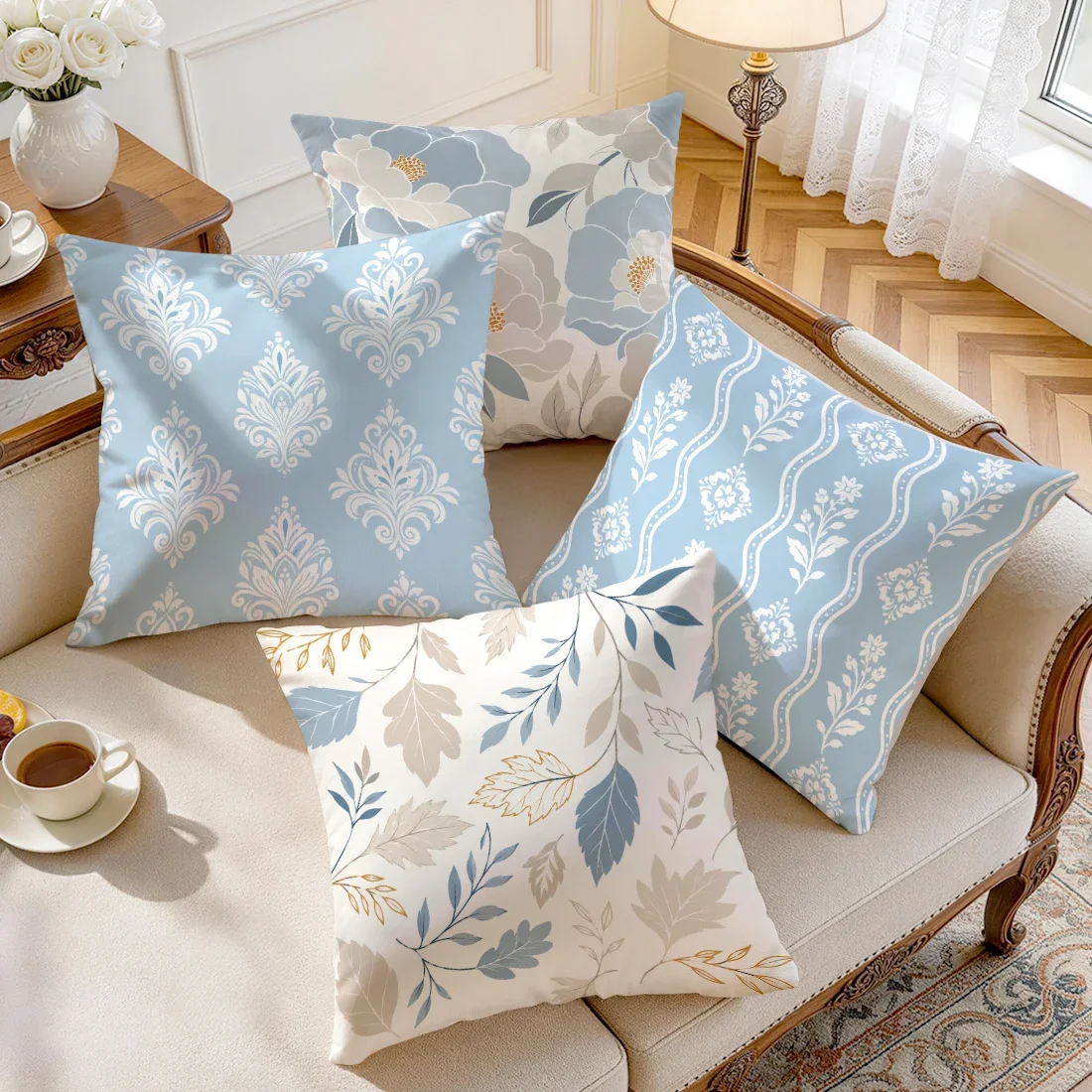 1/4pcs Blue White Flower Leaf Cushions Pillowcase Polyester Cushion Cover Throw Pillow Pillowcover Home Car Sofa Decor