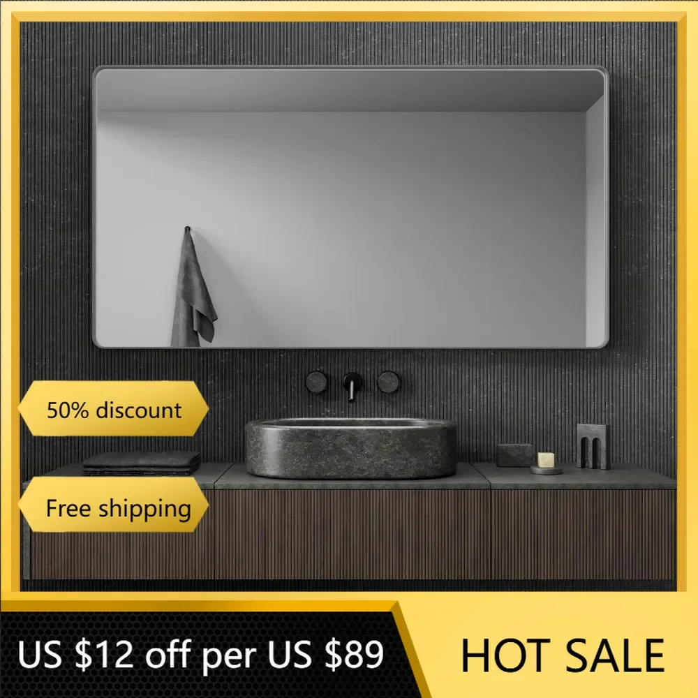 Brushed Silver Wall Mounted Mirror for Bathroom, 55 x 36 Inch Silver Rectangular Metal Framed Vanity Mirror, Tempered Glass