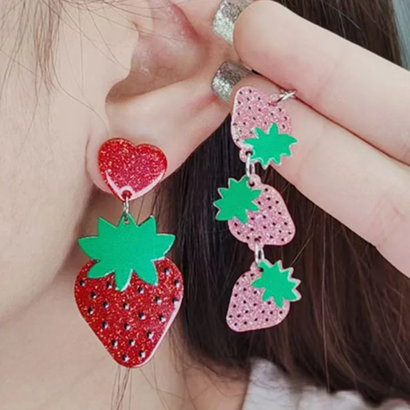 New Summer Beach Strawberry Hawaiian Style Earrings Creative and Fun Acrylic Printed Fashion Earrings Decoration