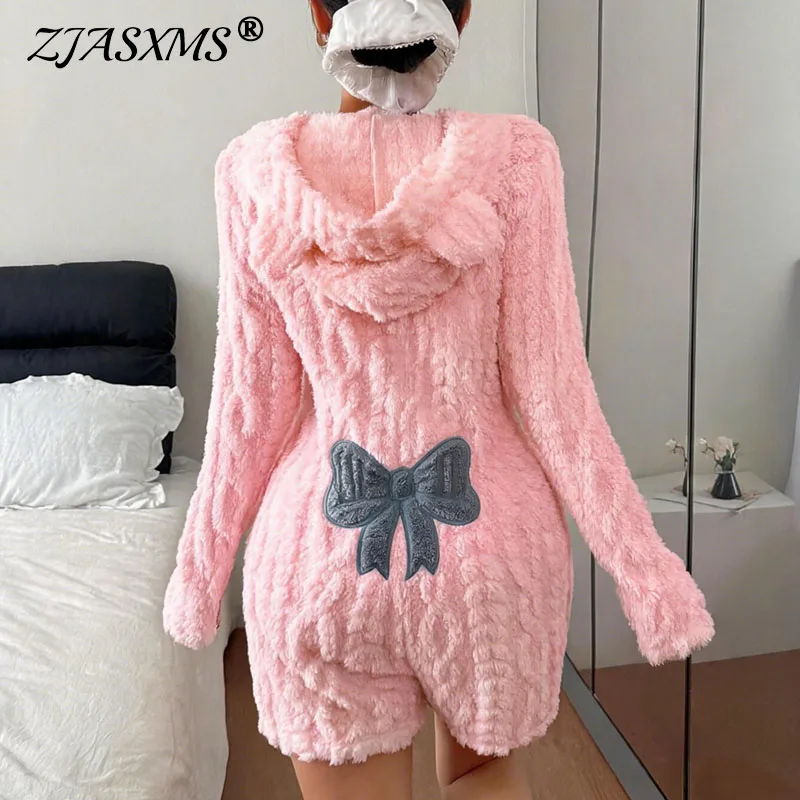Cute Bow Pattern Fluffy Teddy Rompers Ladies Bear Ear Hooded Long Sleeve Zip Slim Fit Short Jumpsuit Soft Plush Pajamas Overalls