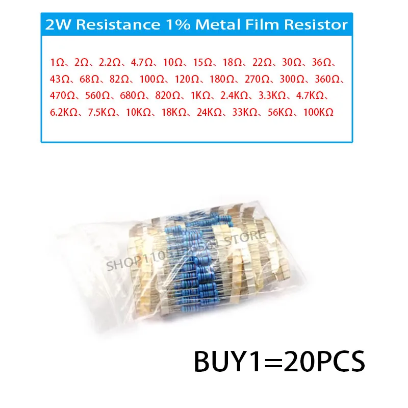 

20PCS 2W Metal Film Resistor Kit (1% Tolerance) – 1.3K,2.7K, 9.1K, 180Ω, 470Ω, 39K, 180Ω, 4.7K, 470Ω, 1M – Color Ring Resi