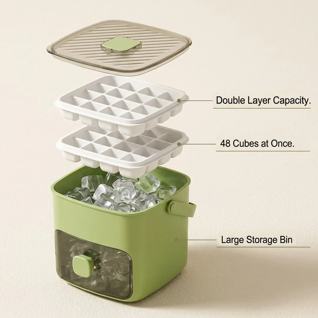 Ice Cube Tray with Lid and Bin, 48 Pcs Easy Release Press-Type Ice Maker Mold with Handle and Tongs, 2-Layer Portable Ice Storage Container for Freezer, Chilled Whiskey, Juice, Cocktail, Green