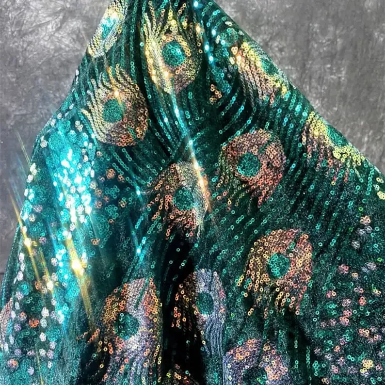 

4 Colors Sequin Peacock feather Fabric sequin embroidery Fabric For Wedding Dress, Gowns, show dress stage costume