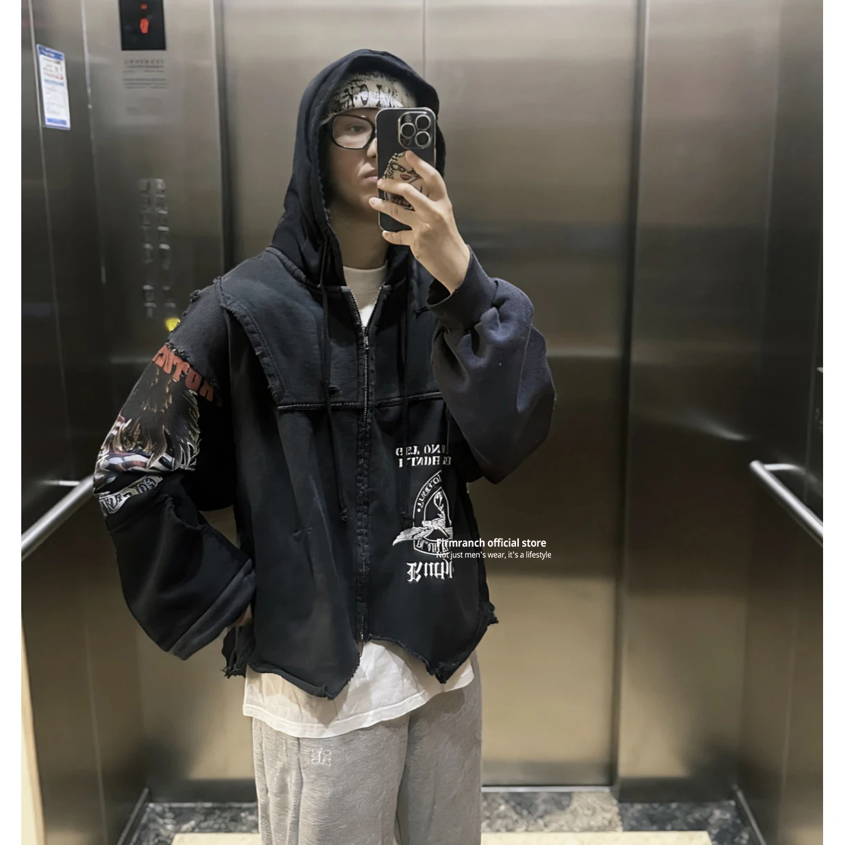 Firmranch 25ss Korean Fashion High Street Slogan Print Hoodies Jackets For Men Women Distressed Oversized Hooded Sweatshirt