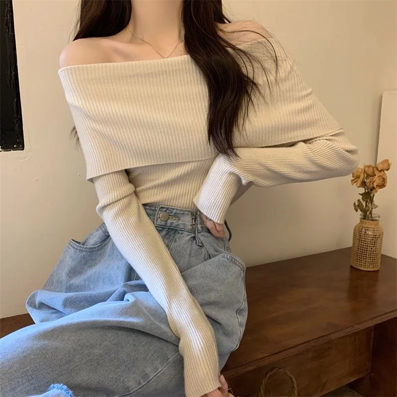 

Knitted Sweater For Women One Shoulder Long Sleeved Pullover Top For Woman Inverno Feminino Pullover Luxury Damen Sweter Damski