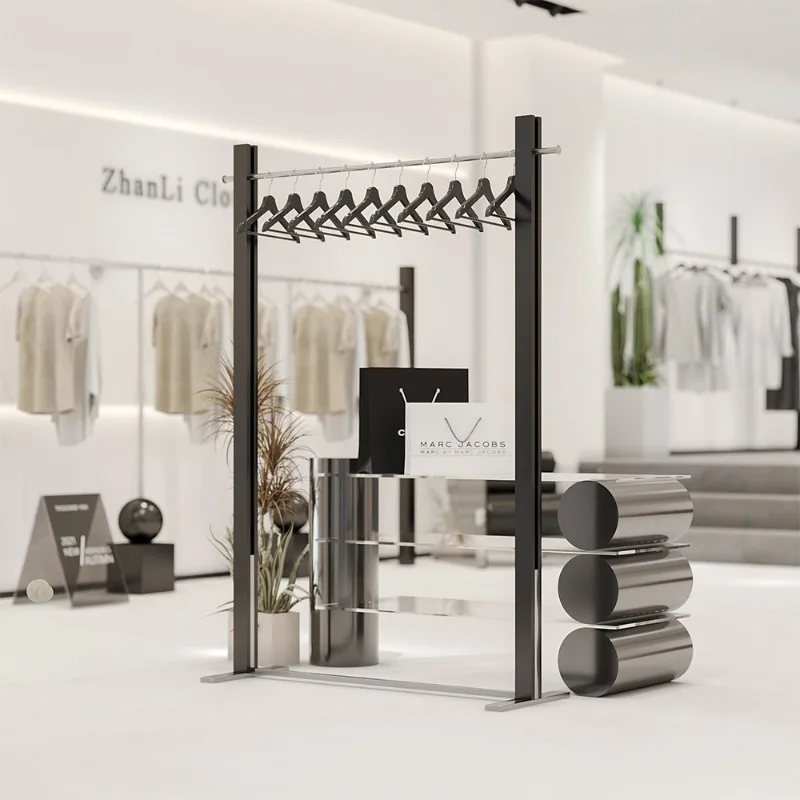 Clothing store display rack, stainless steel middle island rack, high-end silver clothing hanging floor-to-ceiling men's