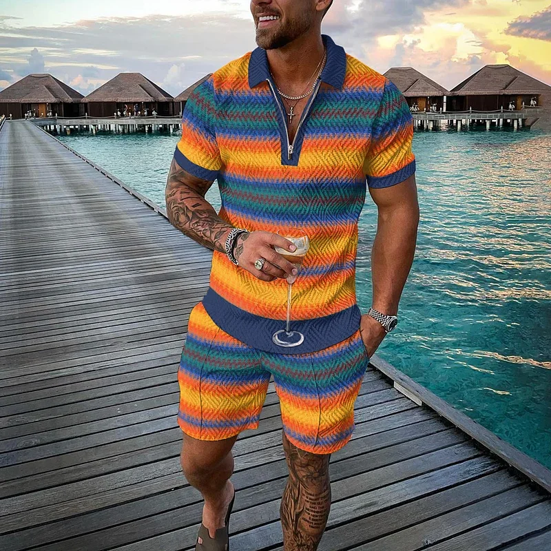 

Funny 3D Print Men's Sets Fashion Polo Shirt+Shorts 2 Piece Outfit Fashion Zipper Short Sleeve Shirts Summer Hip Hop Streetwear