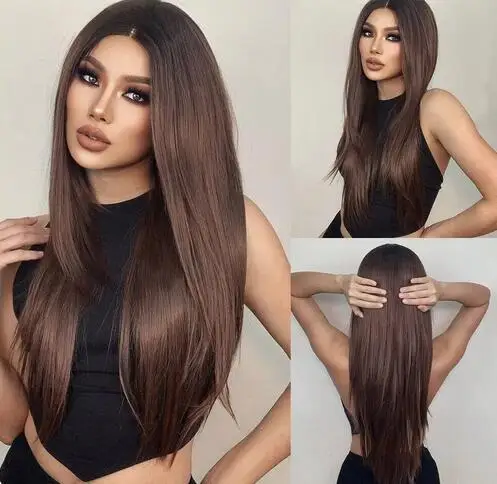 female forehead hand woven rose gold brown long straight Wig Synthetic