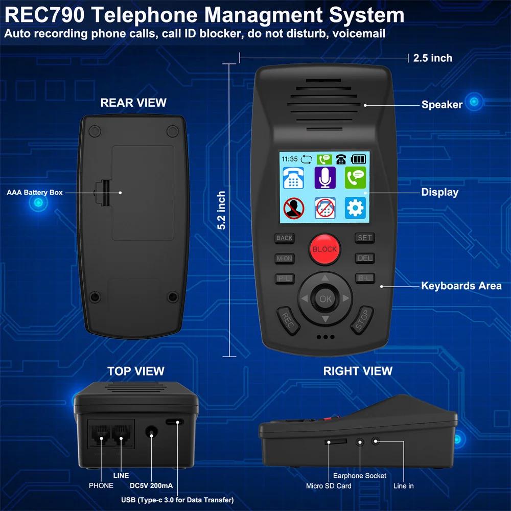 Analog Digital Phone Recording Box LCD Display,SD Card Auto Recording,Voice Message&Remote Voicemail Playback for Home&Office