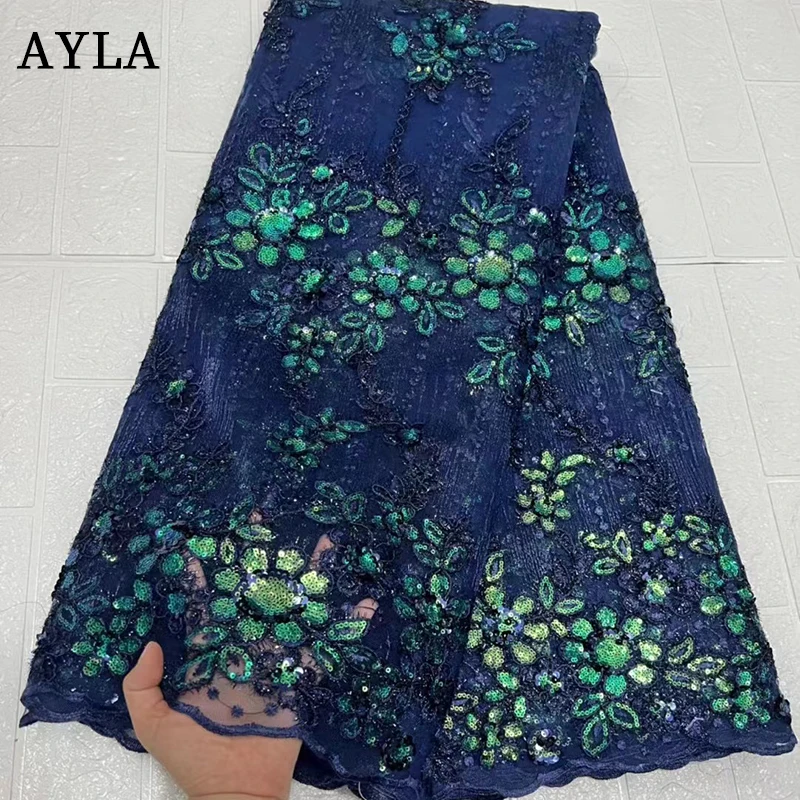 African High Quality Lace Fabric 2024 Green French Net Sequins Fabric Sewing Embroidered Lace in Tulle Nigeria Fabric 5 Yards