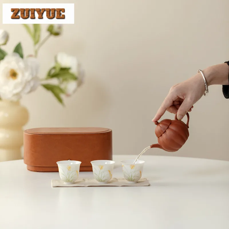 Purple Clay Teapot Hand-painted Ear Of Wheat Travel Tea Set Kit Retro 1 Pot 3 Cups Tea Maker Organizer Portable Outdoor Handbag