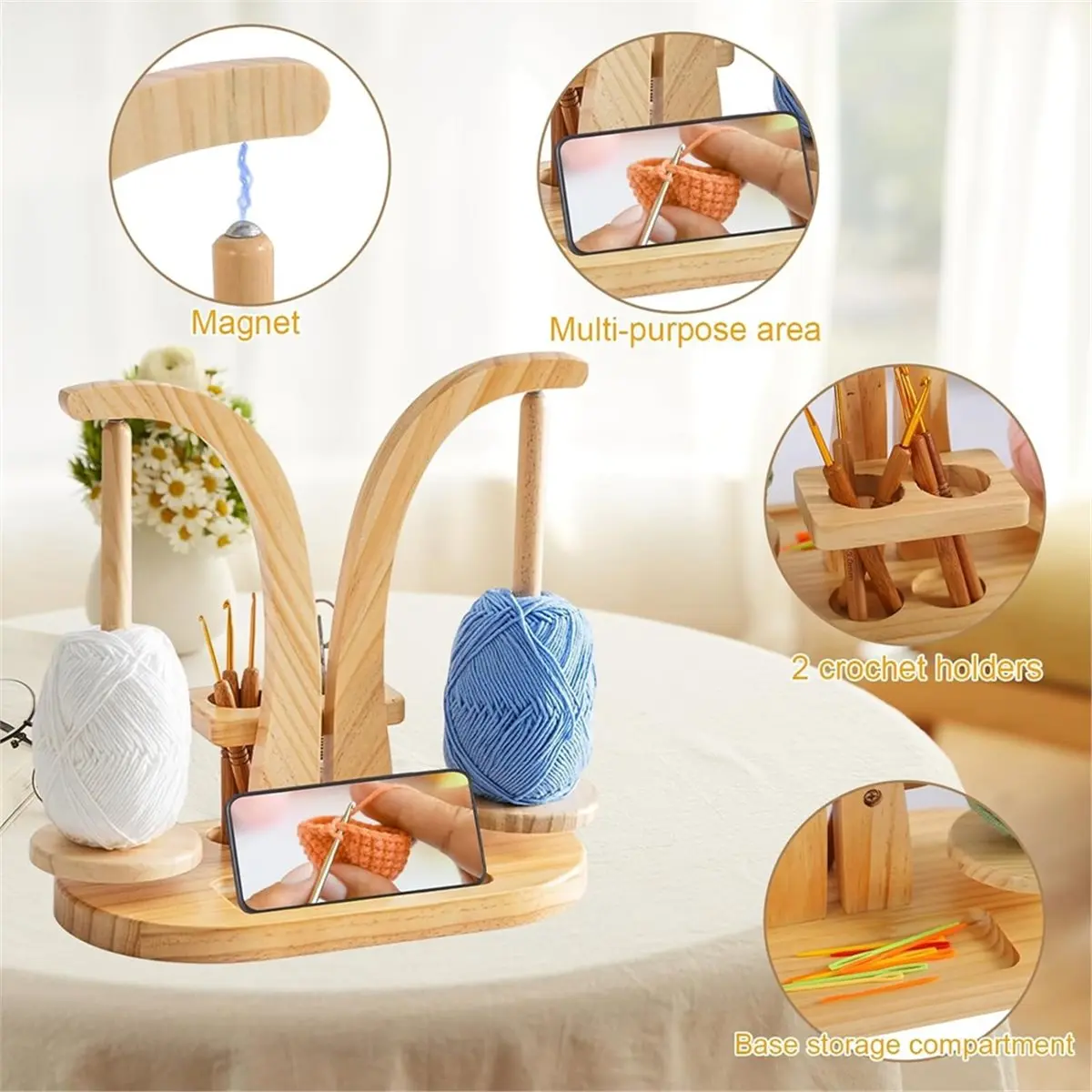 A77K Wooden Yarn Spinner,Magnetic Wool Holder,Double Yarn Ball Holder Stand,Rotatable Spool Holder for Knitting Crochet Lover
