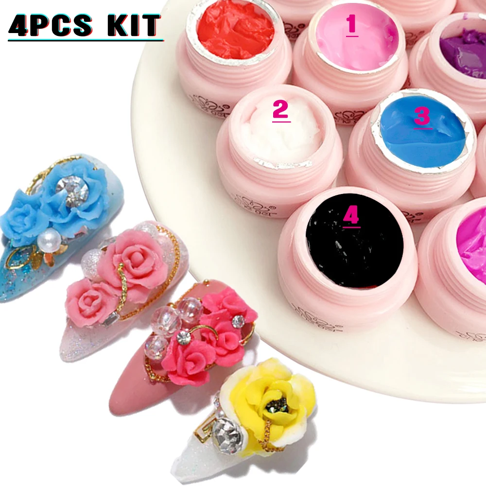 

4 Bottles Kits Nail Builder Gel Sculpture Plasticine Soak Off Nail Modeling Gel 5D Diy Solid DIY Gel Polish Flower Decoration