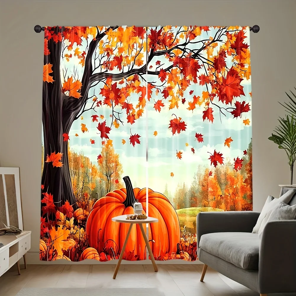 Autumn Fall Leaf Tree Pumpkin Seasonal Window Curtain Curtain Panel for Home Decor Autumn Harvest Fall Season