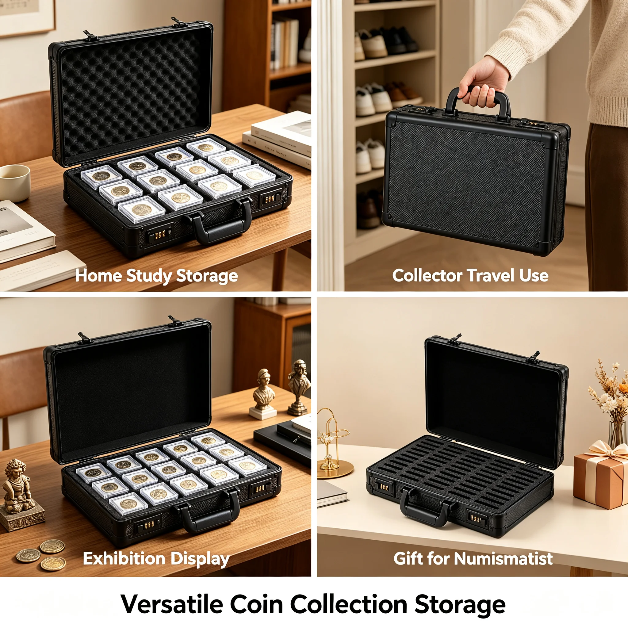 Coin Slab Case Aluminum Holder Display Box with Handle & Combination Lock, 50 Compartments for Certified Coin Collection Storage Organizer, Black